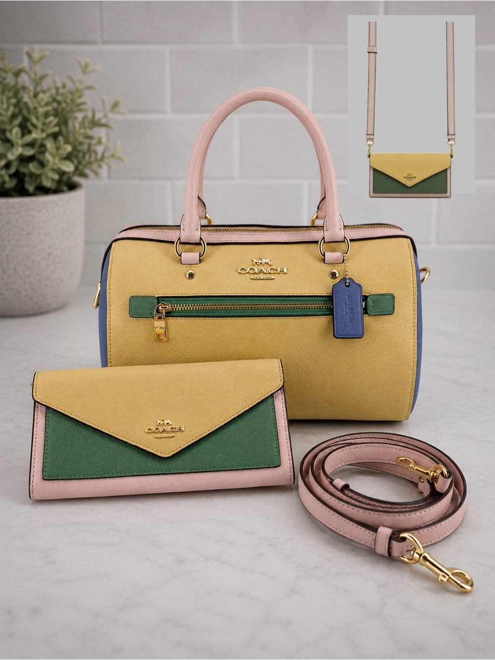 Coach Rowan Color-block Satchel & Matching Envelope Wallet/Clutch 4 Colors